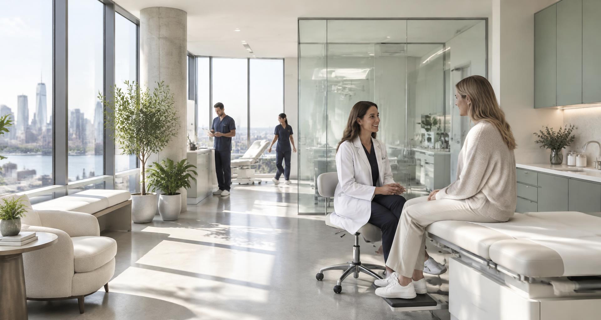 A doctor and patient connecting in a bright, modern medical clinic